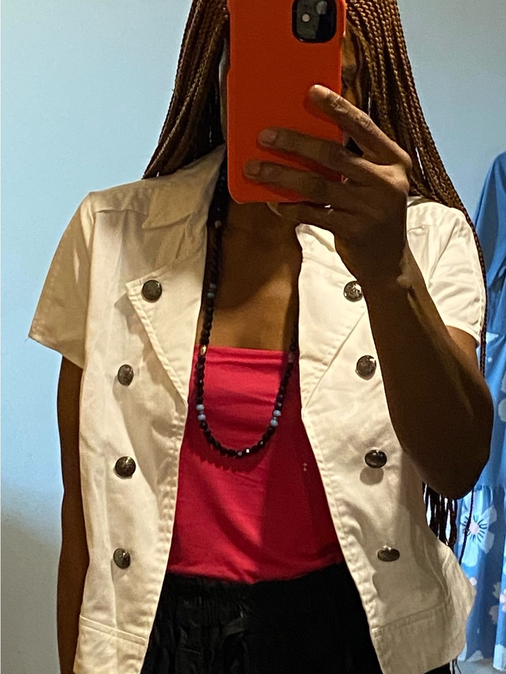 Roz & Ali White Short-Sleeve Double-Breasted Jean Jacket